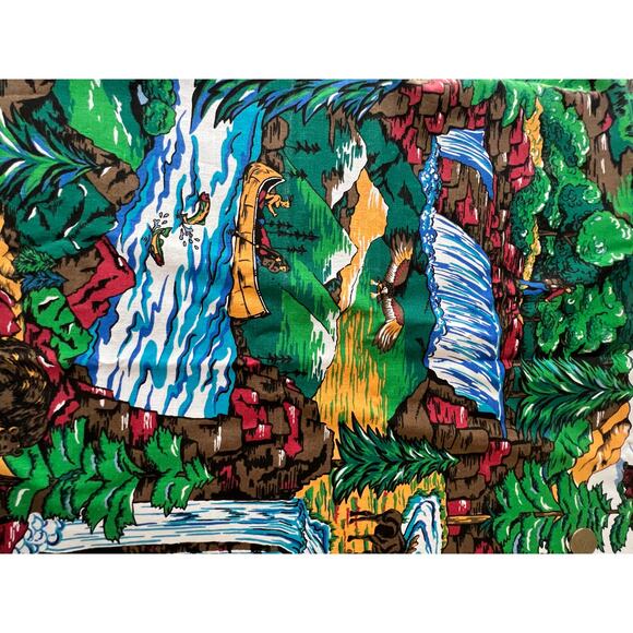Vintage Fabric Sewing Woods Outdoor River Log Cabin Blue Green 45”x 70" - Picture 4 of 9